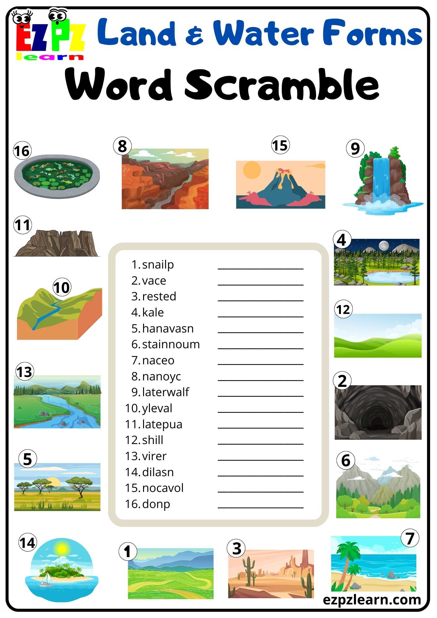 Land and Water Forms Word Scramble Free PDF download